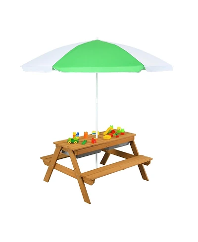 Gouun 3-in-1 Kids Outdoor Picnic Water Sand Table with Umbrella Play Boxes