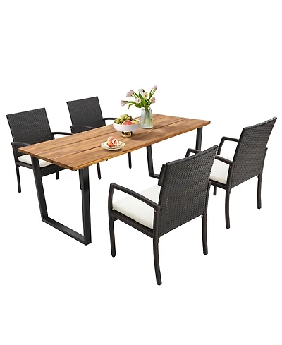 5 Pieces Patio Rattan Dining Set with Umbrella Hole and Seat Cushions