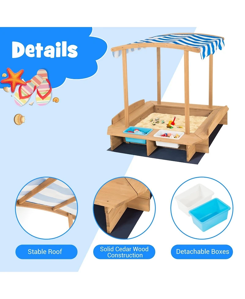 Gouun Kids Wooden Sandbox with Striped Canopy