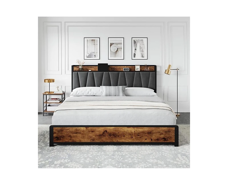 gaomon King Size Bed Frame with Storage Linen Upholstered Headboard, 4 Drawers Platform Bed Frame with Charging Station, No Box Spring Needed