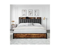 gaomon King Size Bed Frame with Storage Linen Upholstered Headboard, 4 Drawers Platform Bed Frame with Charging Station, No Box Spring Needed