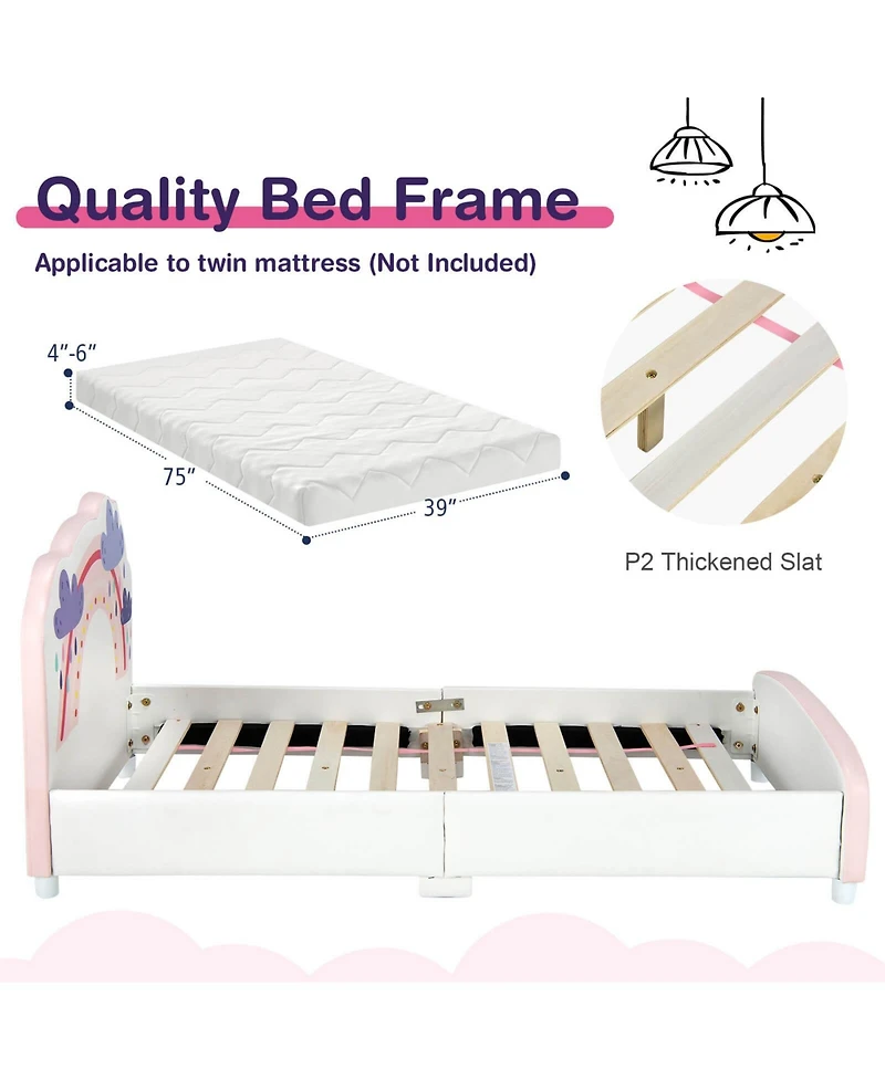 Gouun Kids Twin Size Upholstered Platform Wooden Bed with Rainbow Pattern