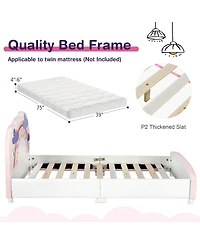 Gouun Kids Twin Size Upholstered Platform Wooden Bed with Rainbow Pattern