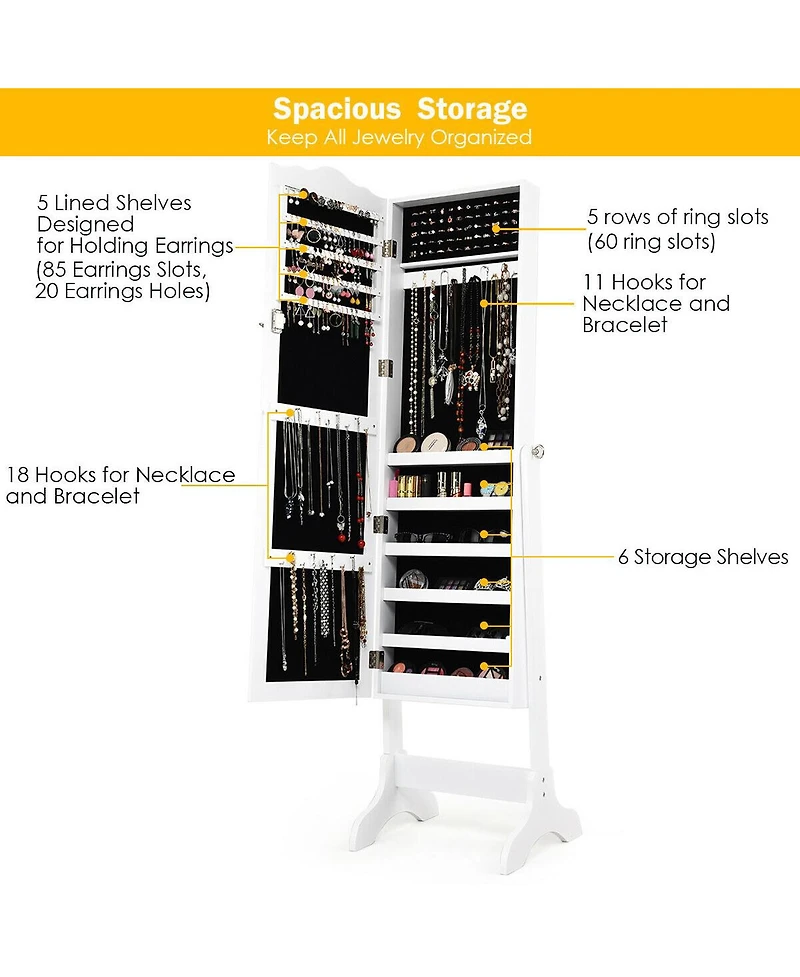 Gouun 4-Angle Tilting Mirrored Lockable Jewelry Cabinet with Large Storage Capacity