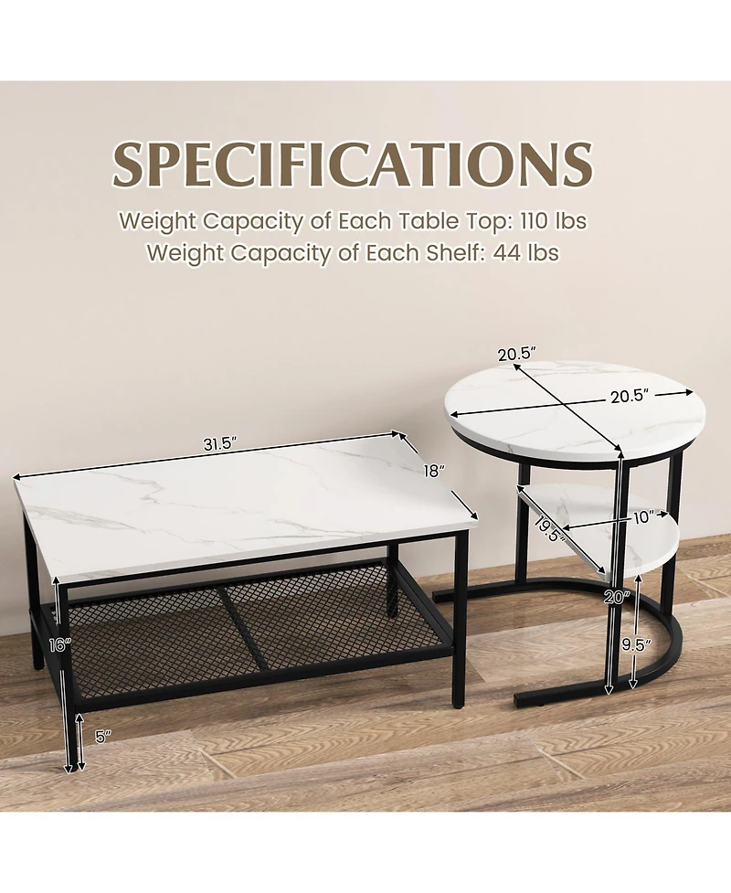Gouun Set of 2 Nesting Table with Extra Storage Shelf for Living Room