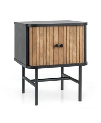 Mid Century Modern Nightstand With Sliding Doors Storage Cabinet