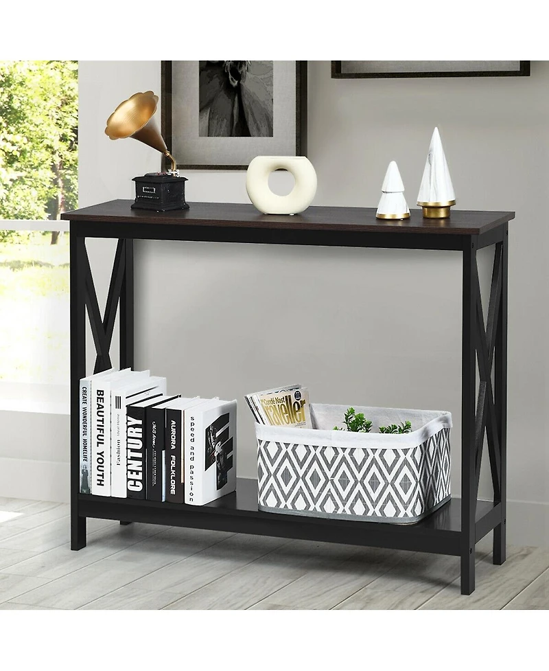 Gouun 2-Tier Console X-Design Sofa Side Accent Table-Wood Grain
