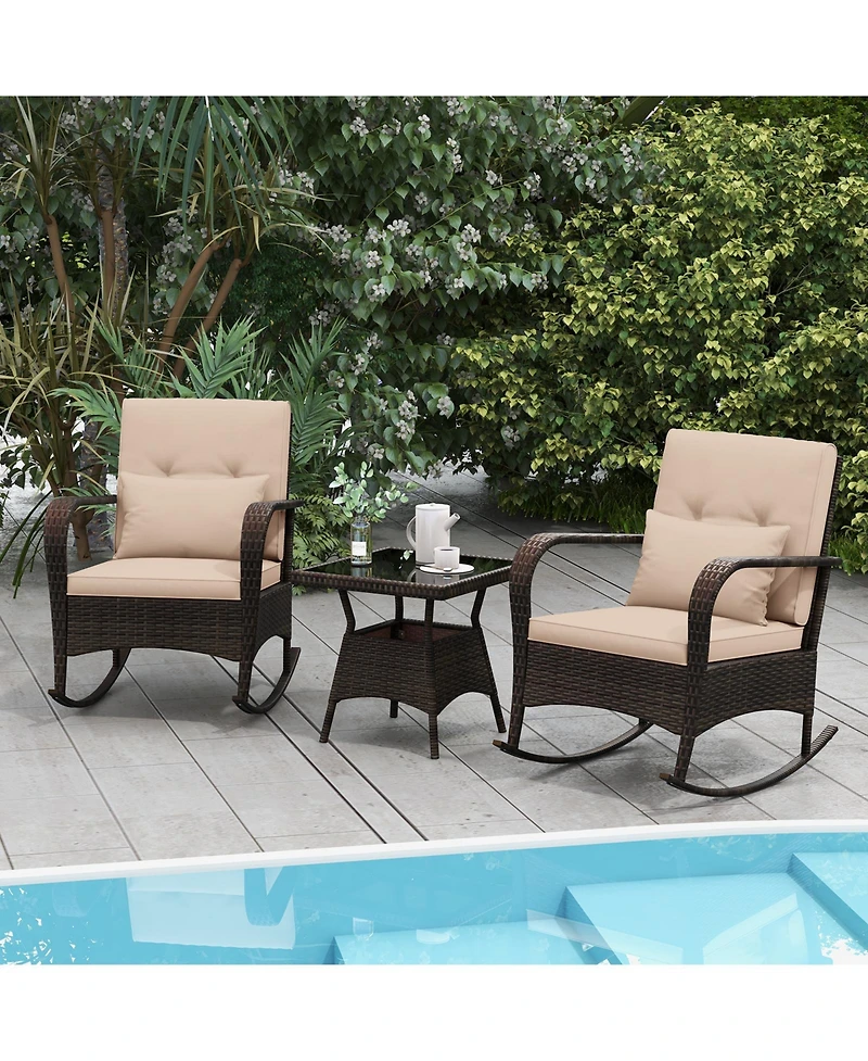 3 Piece Outdoor Rocking Set with Tempered Glass Table for Backyard Poolside