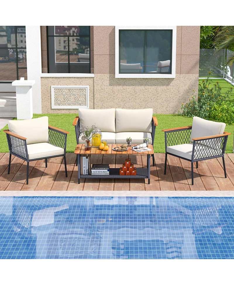 4 Piece Patio Rattan Furniture Set with 2-Tier Table