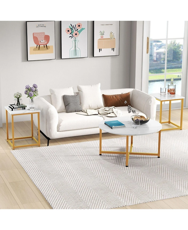 Gouun 3-Piece Table Set Round Table and 2PCS Square End Tables