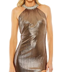 Mac Duggal Women's High Neck Crystal Detail Metallic Slit Gown