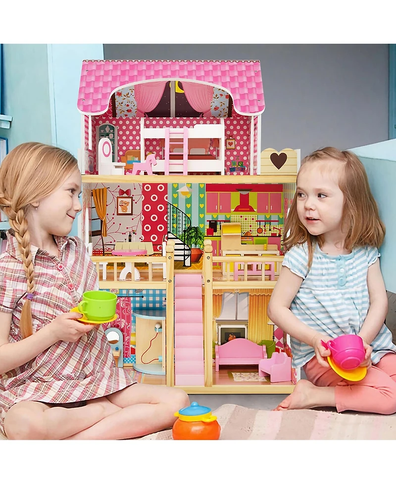 Gymax Kids Wooden Dollhouse Toddler Diy Pretend Playhouse w/ 15 Furniture Accessories
