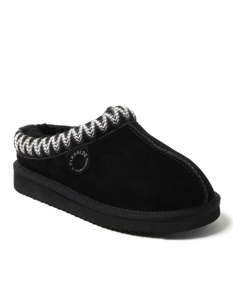 Dearfoams Women's Fireside Greta Genuine Shearling Clog Slipper with Embroidery
