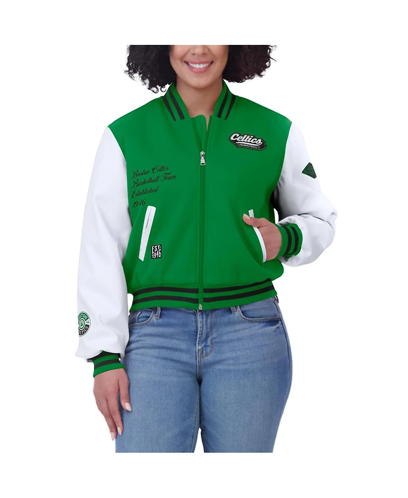 Wear By Erin Andrews Women's Kelly Green/White Boston Celtics Cropped Varsity Full-Zip Jacket