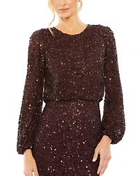 Mac Duggal Women's High Neck Long Sleeve Beaded Blouson Gown