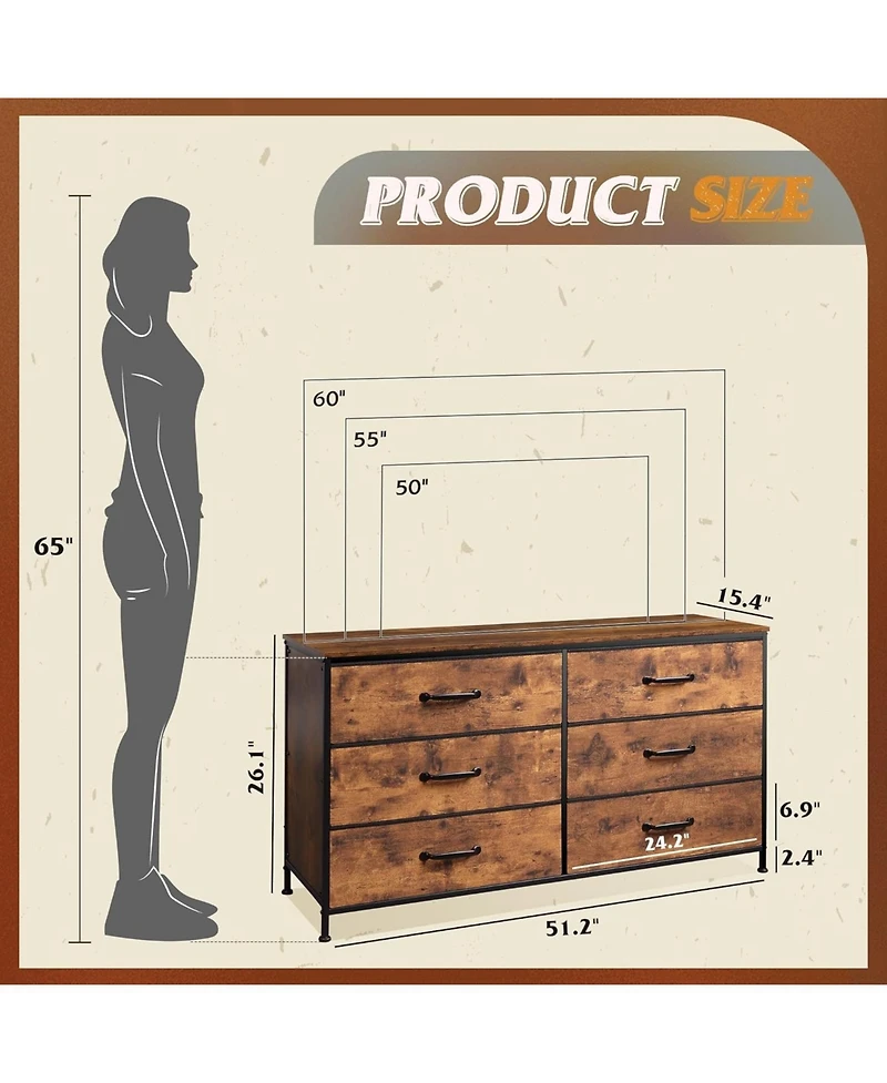 Wlive Wide Fabric Dresser 6 Drawer Dresser Tv Stand for 60/" Tv Dressers Bedroom Furniture Large Storage Tower Unit with Fabric Bins Dresser for Bedro