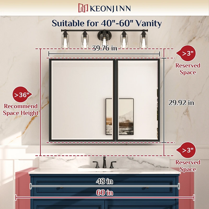 keonjinn 40'' W 30'' H Framed Medicine Cabinet with Mirror and 3 Adjustable Shelves