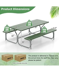 6 Ft Picnic Table Bench Set Dining and 2 Benches with Metal Frame Hdpe Tabletop
