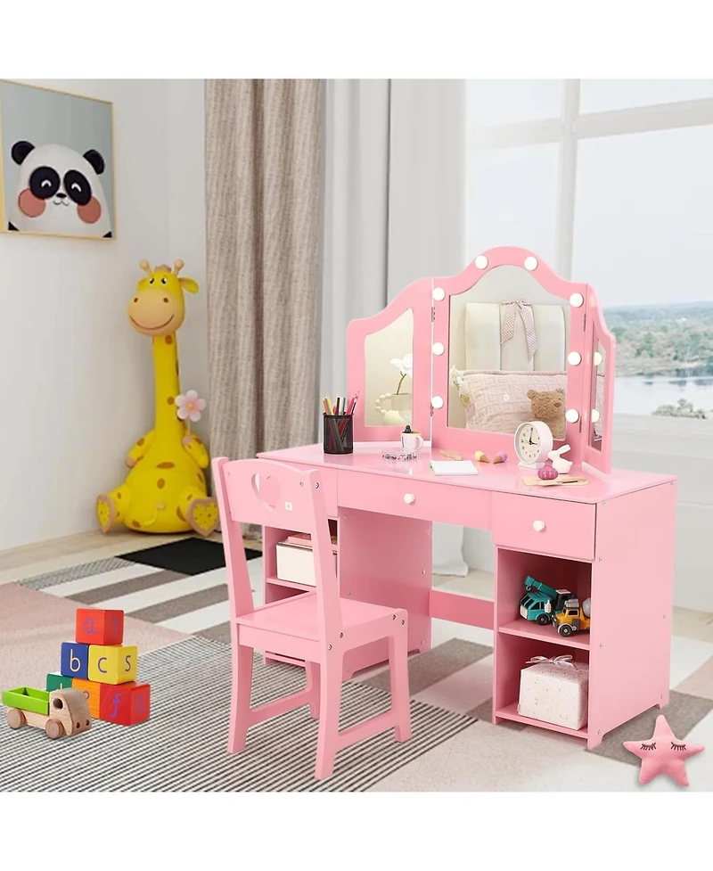 gaomon Kids Vanity Set, 2-in-1 Princess Makeup Table with Tri-Folding Mirror & Drawer, Stool, Toddler Vanity, Pretend Play Set for
