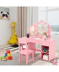 gaomon Kids Vanity Set, 2-in-1 Princess Makeup Table with Tri-Folding Mirror & Drawer, Stool, Toddler Vanity, Pretend Play Set for