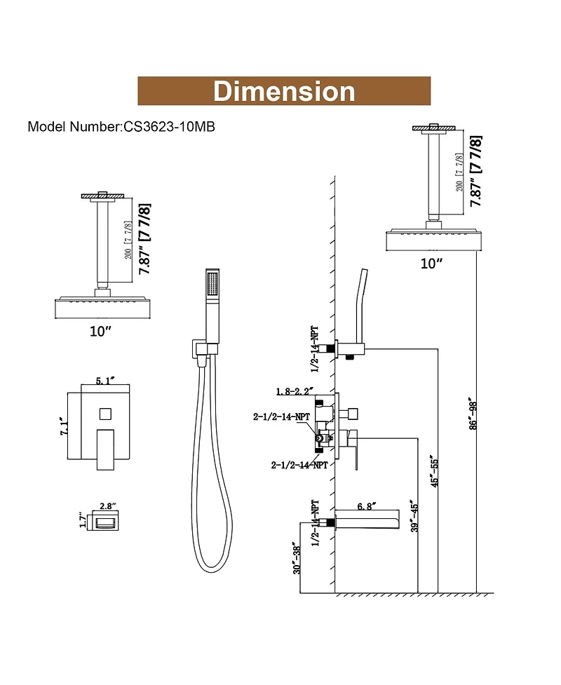 Mondawe 3-Function 10-In Ceiling Mounted Shower System With Waterfall Tub Filler