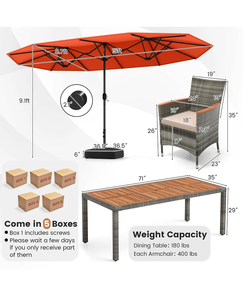 10 Pieces Patio Wicker Dining Set with 15 Feet Double-Sided Umbrella