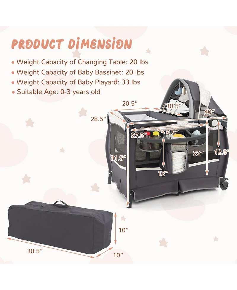 Gouun Kids 4 in 1 Portable Pack and Play Nursery Center with Bassinet-Heart