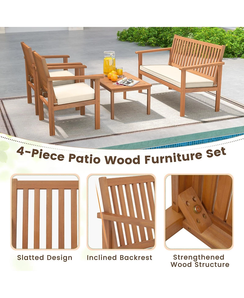 Gouun 4 Piece Patio Wood Furniture Set Acacia Wood Sofa Set with Loveseat-Off