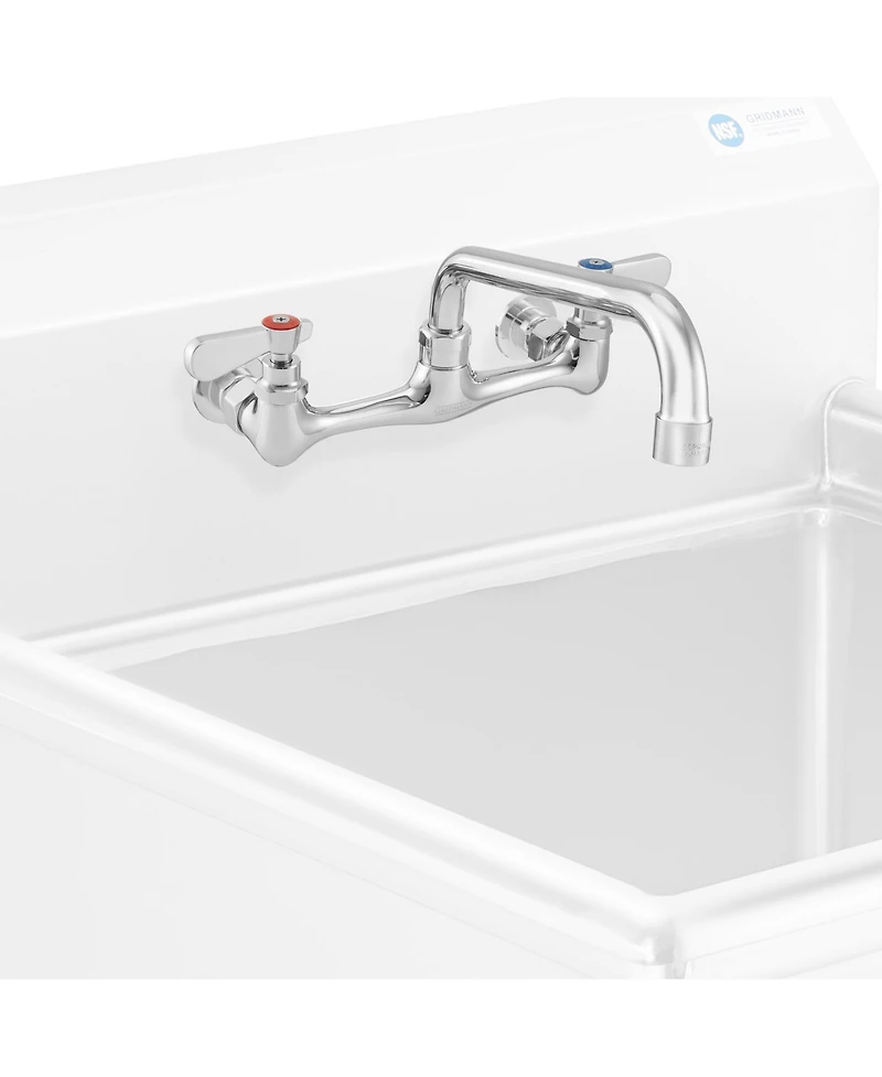 Gridmann Commercial Wall Mount Sink Faucet, 8" Center with 10" Swivel Spout, Nsf, Dual Lever Handles, Brass Construction, Chrome Polished Fi