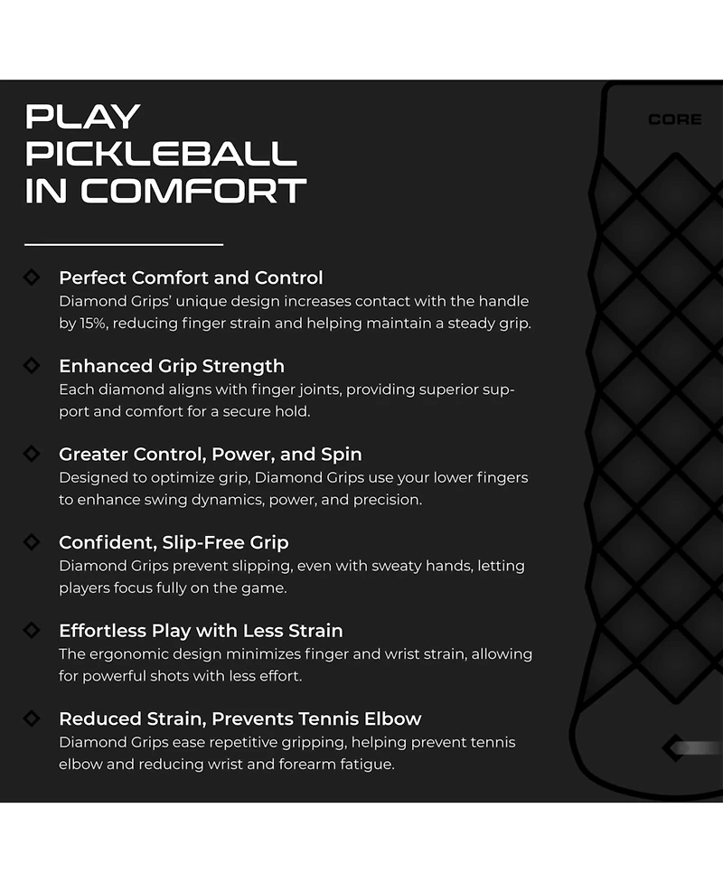 Core Pickleball Diamond Grip | Enhances Grip Strength, Reduces Vibration with Finger Support, Anti-Sweat Design and Prevents Tennis Elbow