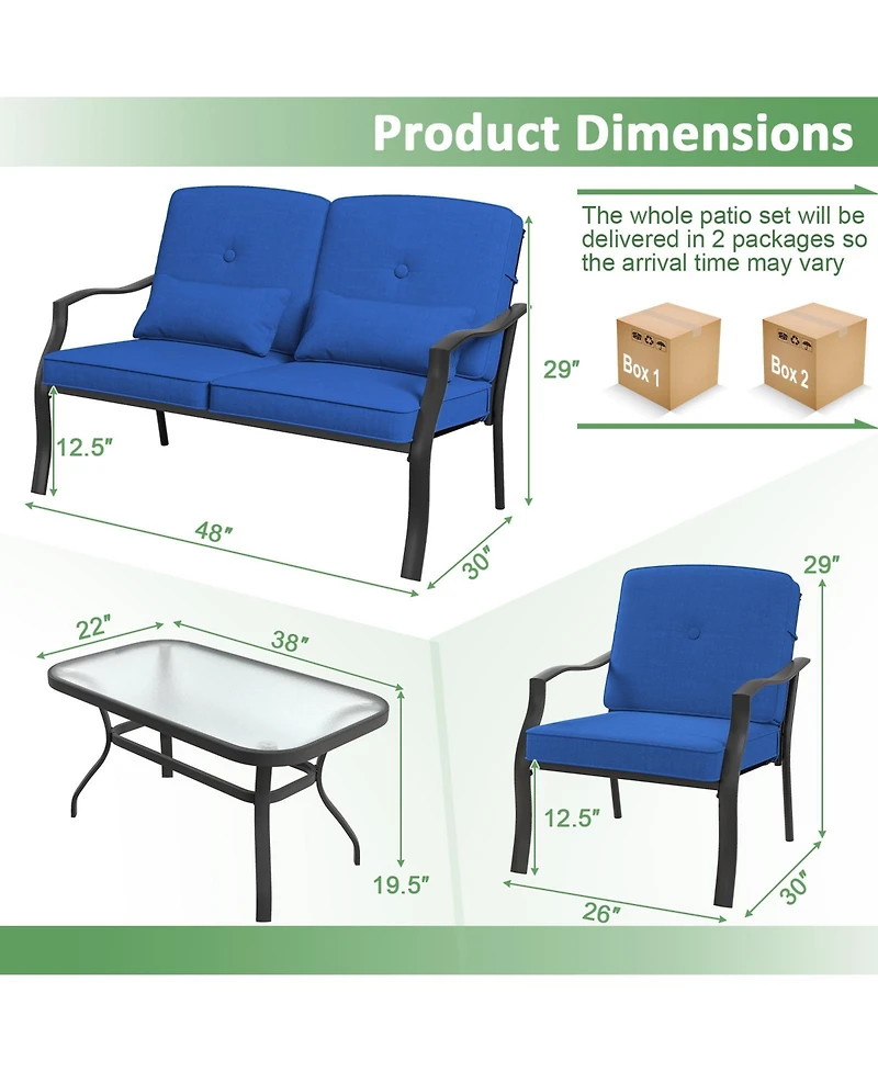 4 Pieces Outdoor Conversation Set with Seat Back Cushions and Waist Pillows