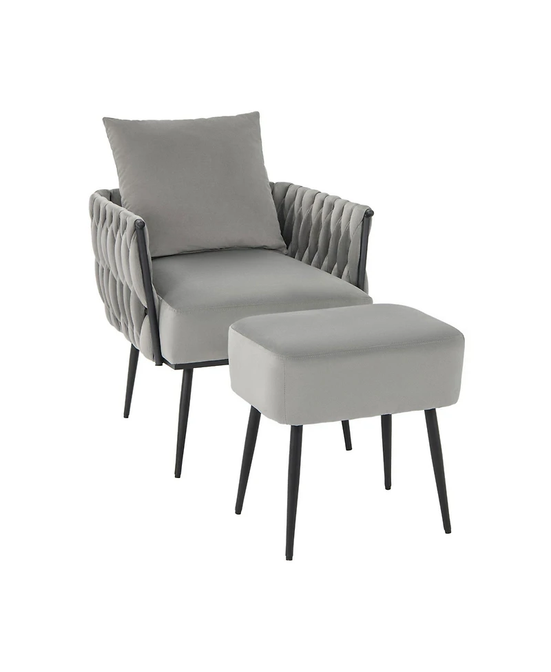 Gouun Modern Dutch Velvet Accent Chair and Ottoman Set with Weaved Back and Arms