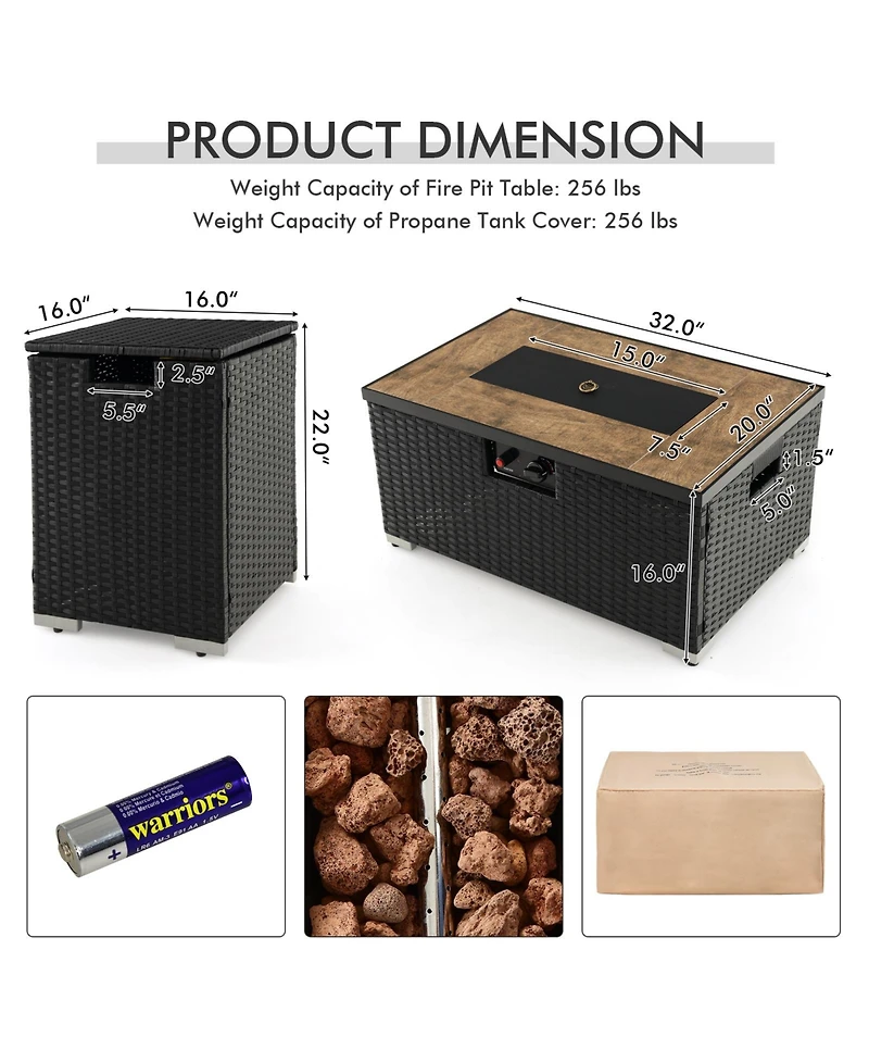 Gouun 32 x 20 Inch Propane Rattan Fire Pit Table Set with Side Table Tank and Cover