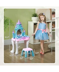 Qaba Kids Vanity Set with Mirror and Stool, Light, Music, Castle Design