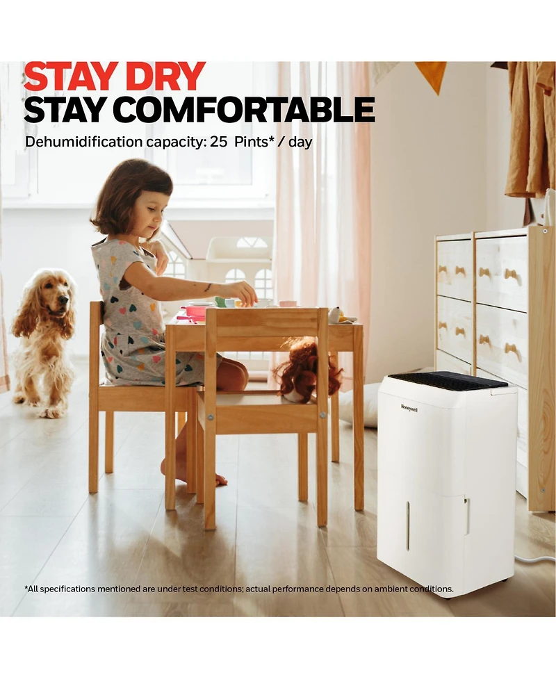 Honeywell 2024 New! 25-Pint Energy Star Dehumidifier for 1,500 Sq Ft – Laundry Mode, Auto-Comfort Mode & Thermal Overload Protection, TPFIT25WK