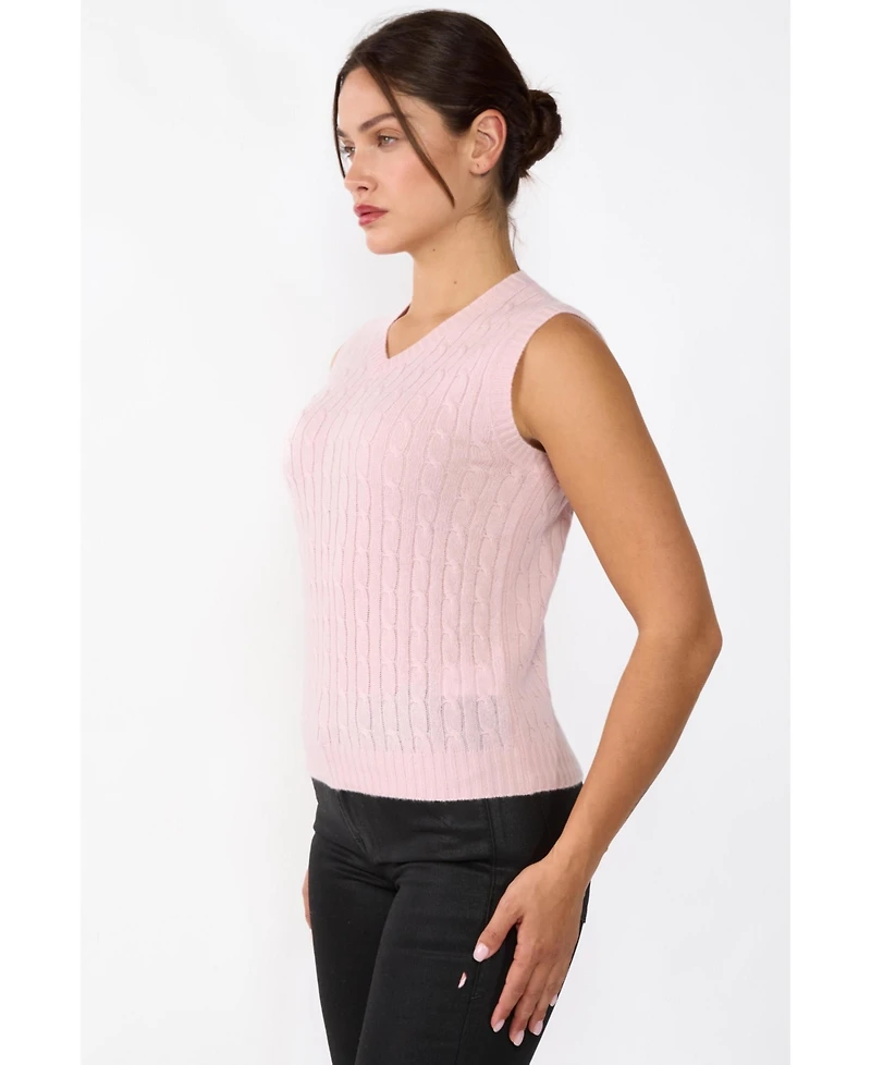 Jennie Liu Women's 100% Cashmere V Neck Cable-knit Sweater Vest