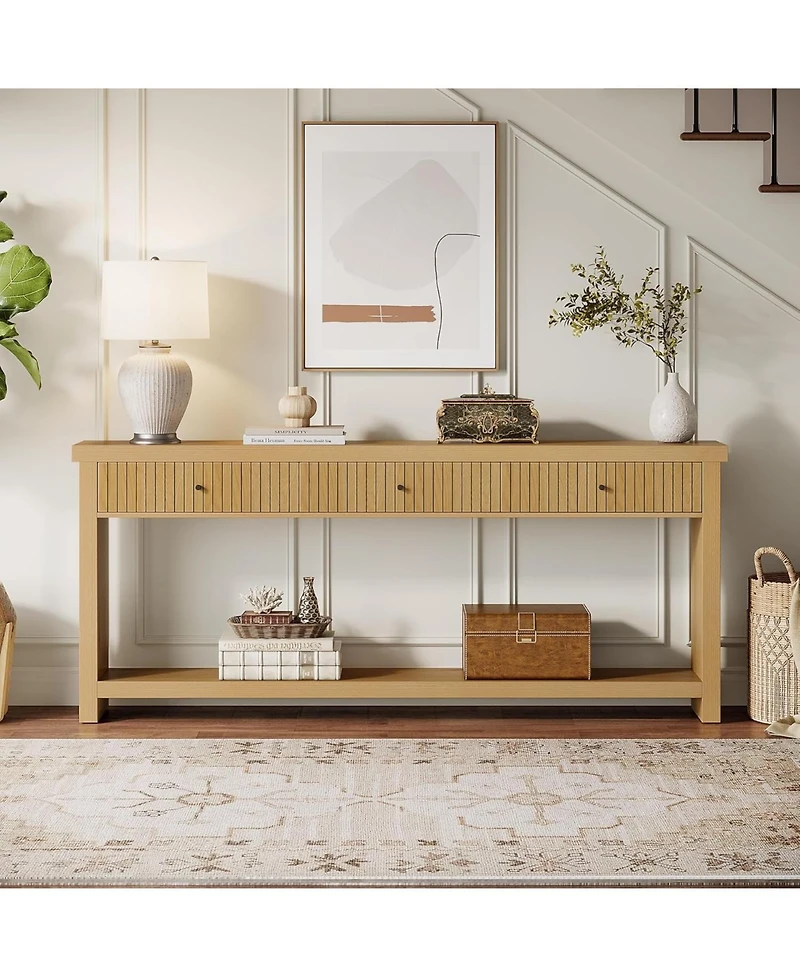 Tribesigns Wood Console Table Long Sofa Table with 3 Drawers, 70.9 inch Entryway Table Oak Hallway Table with Open Storage Shelves Wooden Couch Table