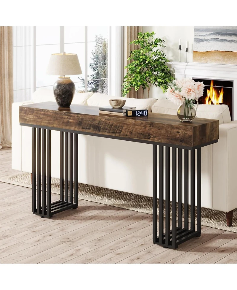 Tribesigns 55-Inch Console Table for Entryway, Industrial Wood Hallway Table with Stylish Metal Frame, Sofa Foyer Table for Living Room, Entrance, Bla