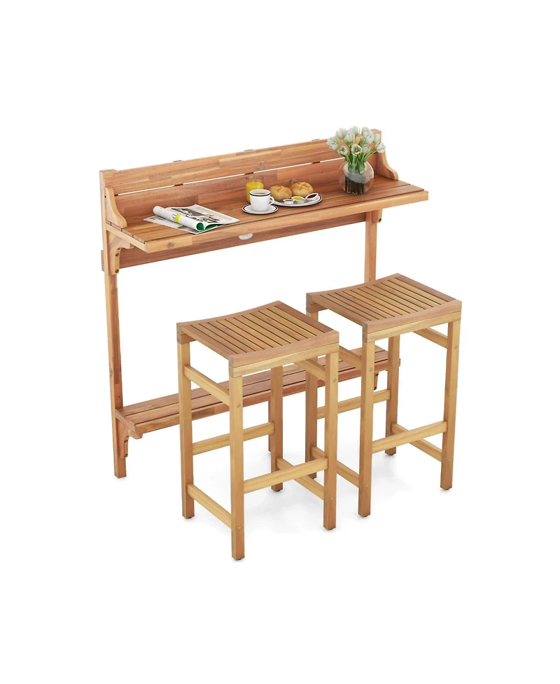 Gouun 3 Pieces Patio Acacia Wood Bar Table Set with Footrest Curved Wood Seat