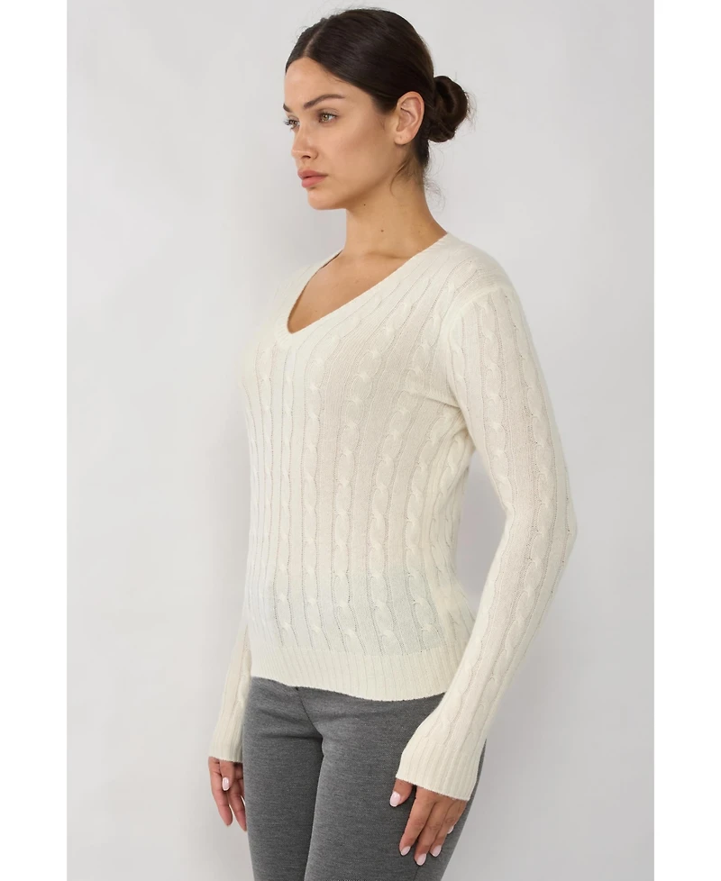 Jennie Liu Women's 100% Cashmere Cable-knit Long Sleeve Pullover V Neck Sweater