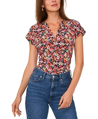 Vince Camuto Women's Floral-Print Split-Neck Cap-Sleeve Top