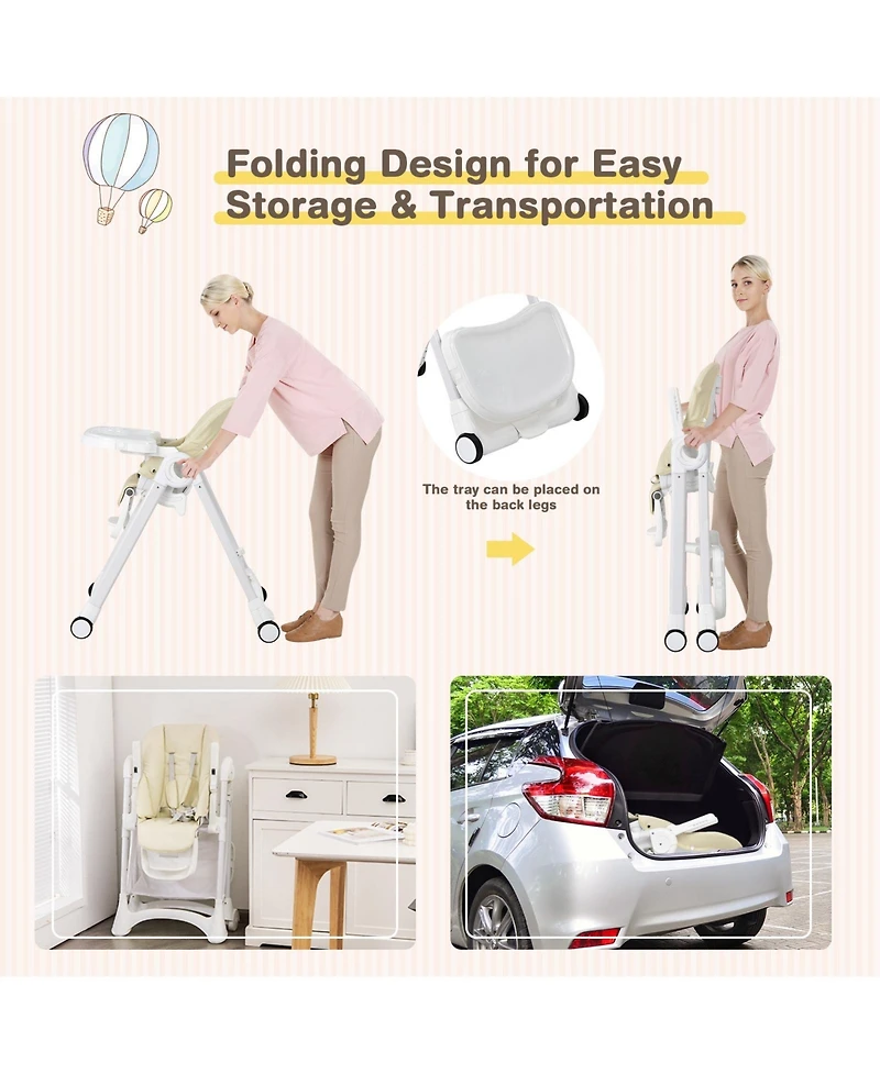 Gouun Baby Convertible Folding Adjustable High Chair with Wheel Tray Storage Basket
