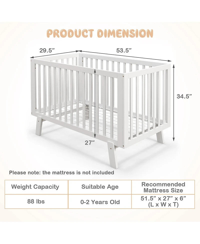 Gymax Wooden Baby Crib 3-Height Adjustable Wood Mini Crib Non-Toxic Finish