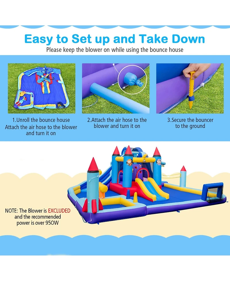 Costway Rocket Theme Inflatable Water Slide Park with 2 Slides Splash Pool & 1100W Blower