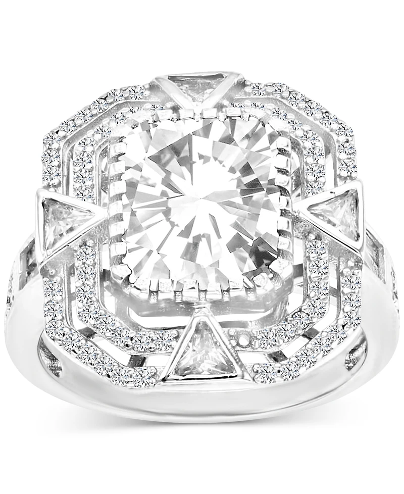 Cubic Zirconia Mixed Cut Double Halo Statement Ring Sterling Silver