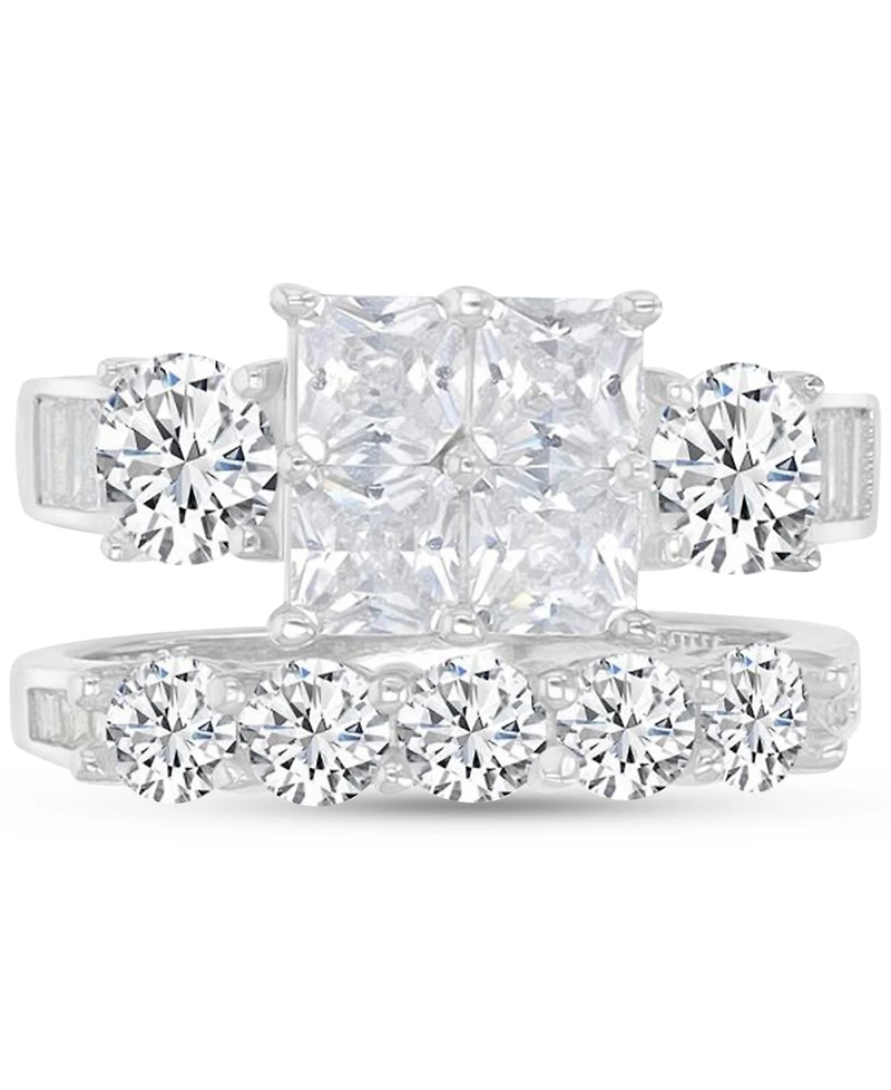 Cubic Zirconia Mixed Cut Quad Cluster Bridal Set Sterling Silver