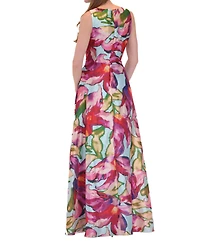 julia jordan Women's Printed V-Neck Sleeveless Organza Gown