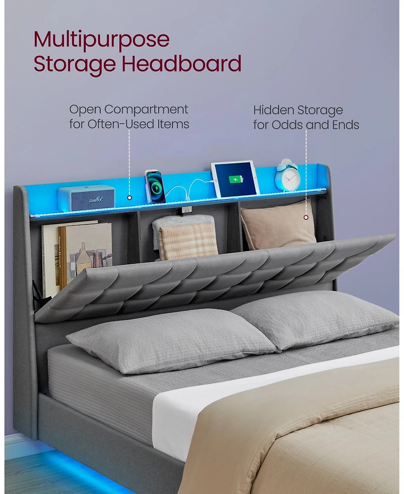 Slickblue Queen Size Floating Bed Frame with Led Lights and Built-In Charging Station for Modern Convenience