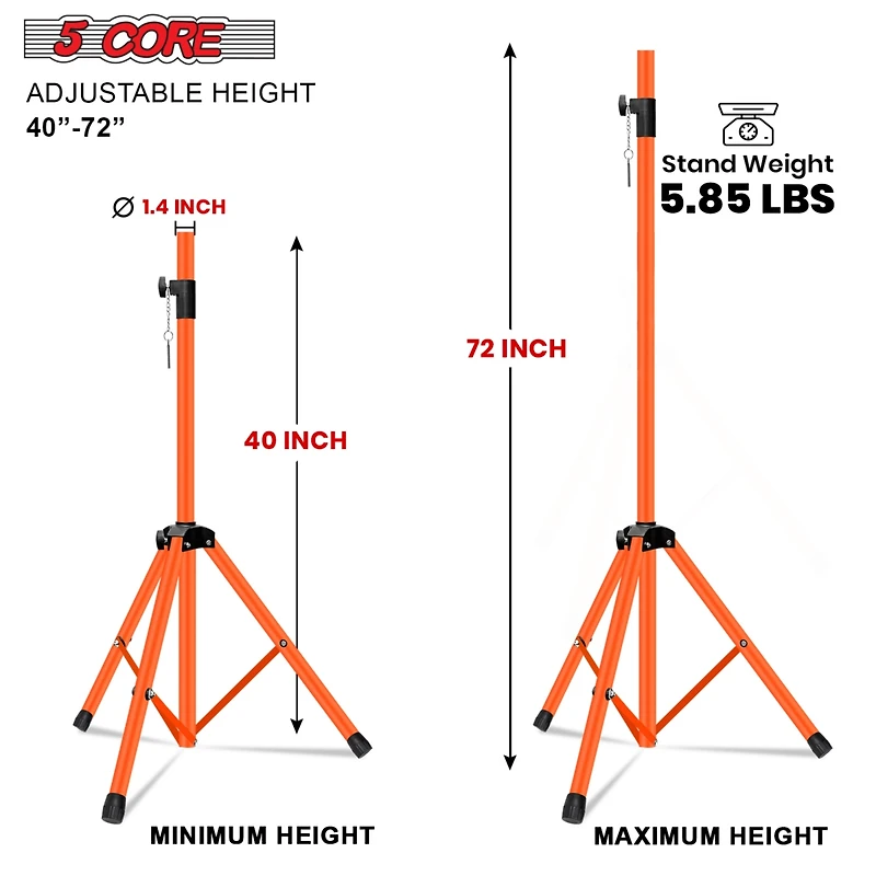 5 Core Speaker Stand Tripod Heavy Duty Adjustable Up to 72 Inch Dj Studio Monitor Stands Pole Mount - Orange - 2 Pcs