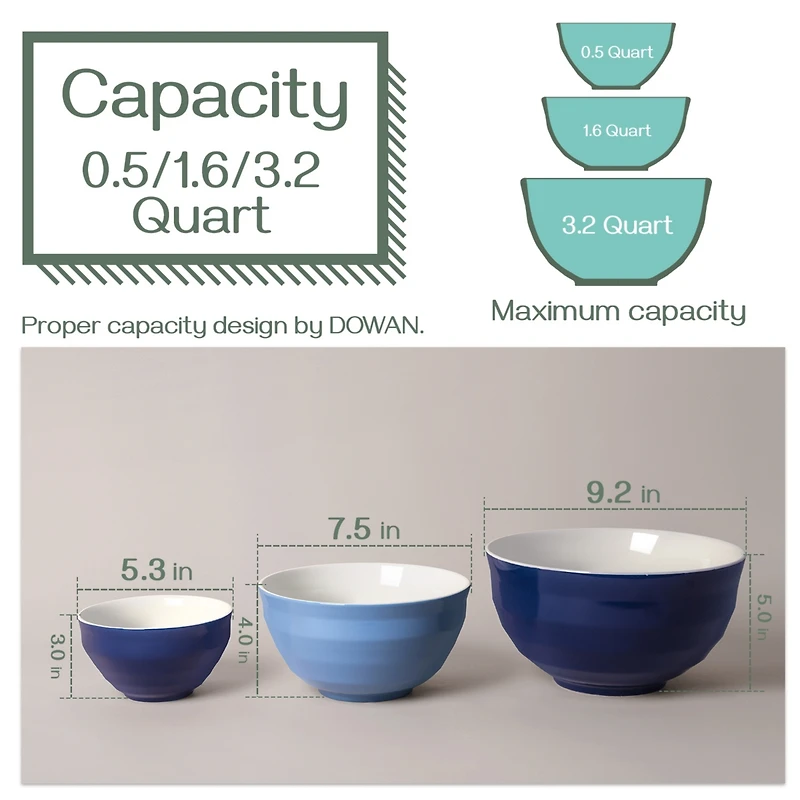 Ceramic Mixing Size 5.3/7.5"/9.2 Large Serving Bowl Set, Sturdy & No Scratch, 3-Pieces Set
